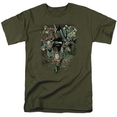 Justice League Spacing Out Mens T Shirt Military Green Retro Pop Classics