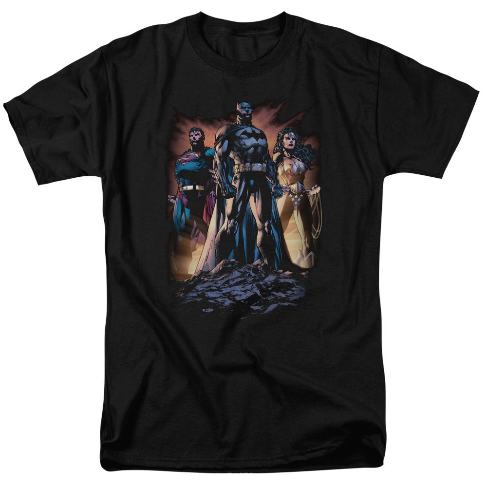 Justice League Take a Stand Mens T Shirt Black Retro Pop Classics
