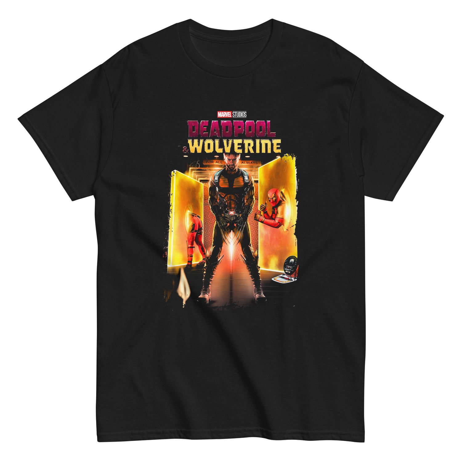 Deadpool &amp; Wolverine For All Always Mens T Shirt Black Retro Pop Classics