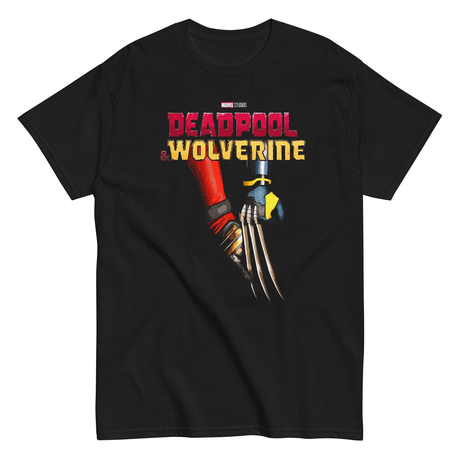 Deadpool &amp; Wolverine Holding Hands Mens T Shirt Black Retro Pop Classics