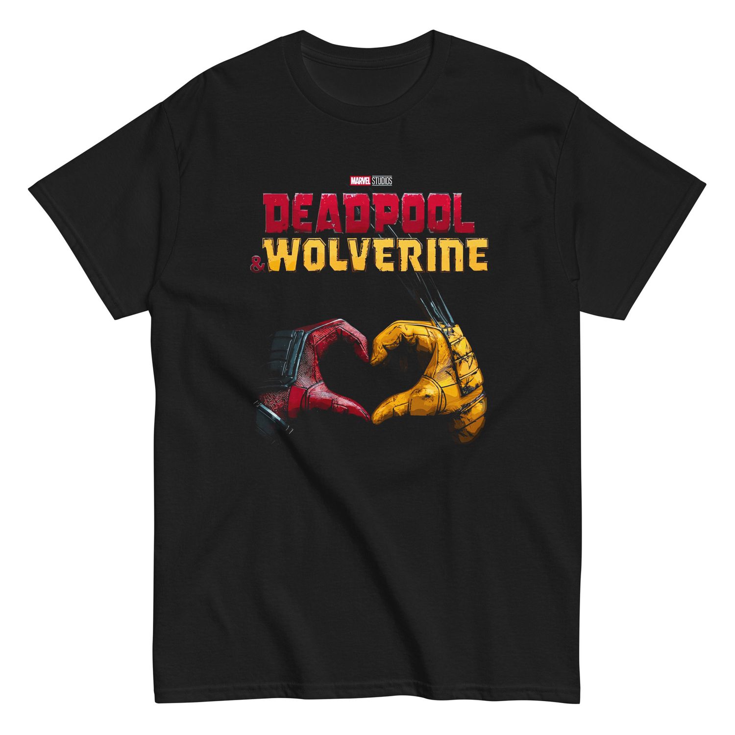 Deadpool &amp; Wolverine Heart Hands Mens T Shirt Black Retro Pop Classics