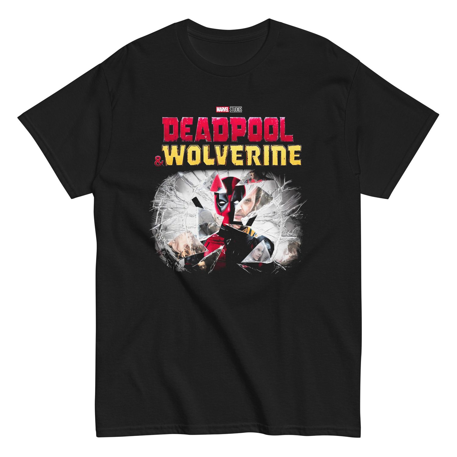 Deadpool &amp; Wolverine Shattered Glass Mens T Shirt Black Retro Pop Classics