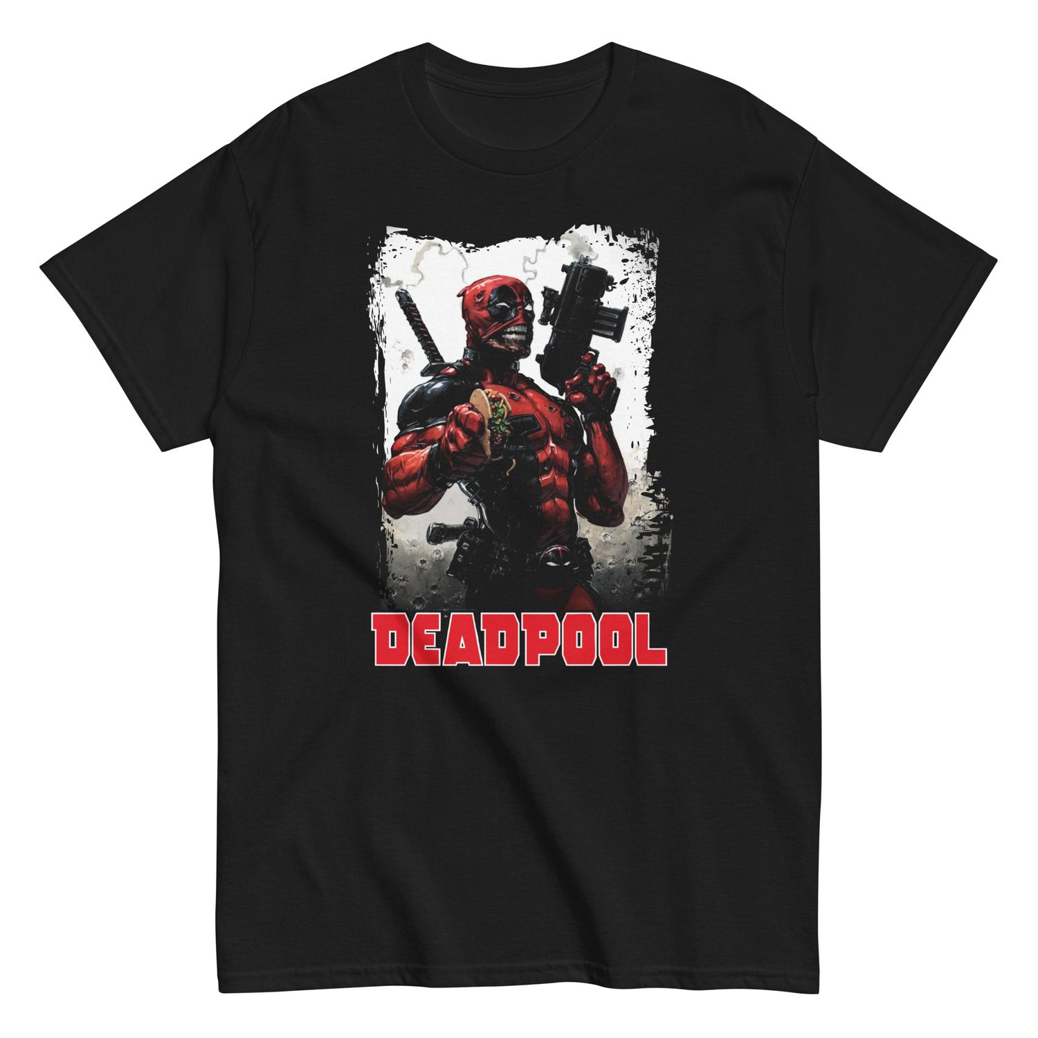 Deadpool Machine Gun Taco Animated Mens T Shirt Black Retro Pop Classics