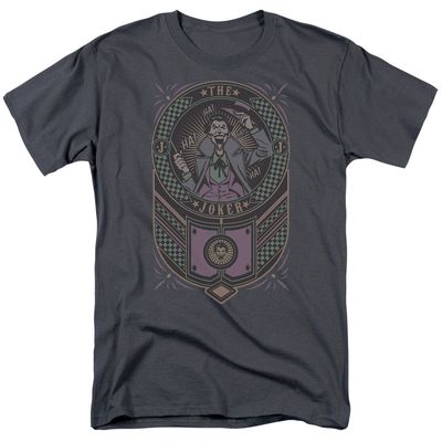 Batman Joker Checkered Sign Mens T Shirt Charcoal Retro Pop Classics