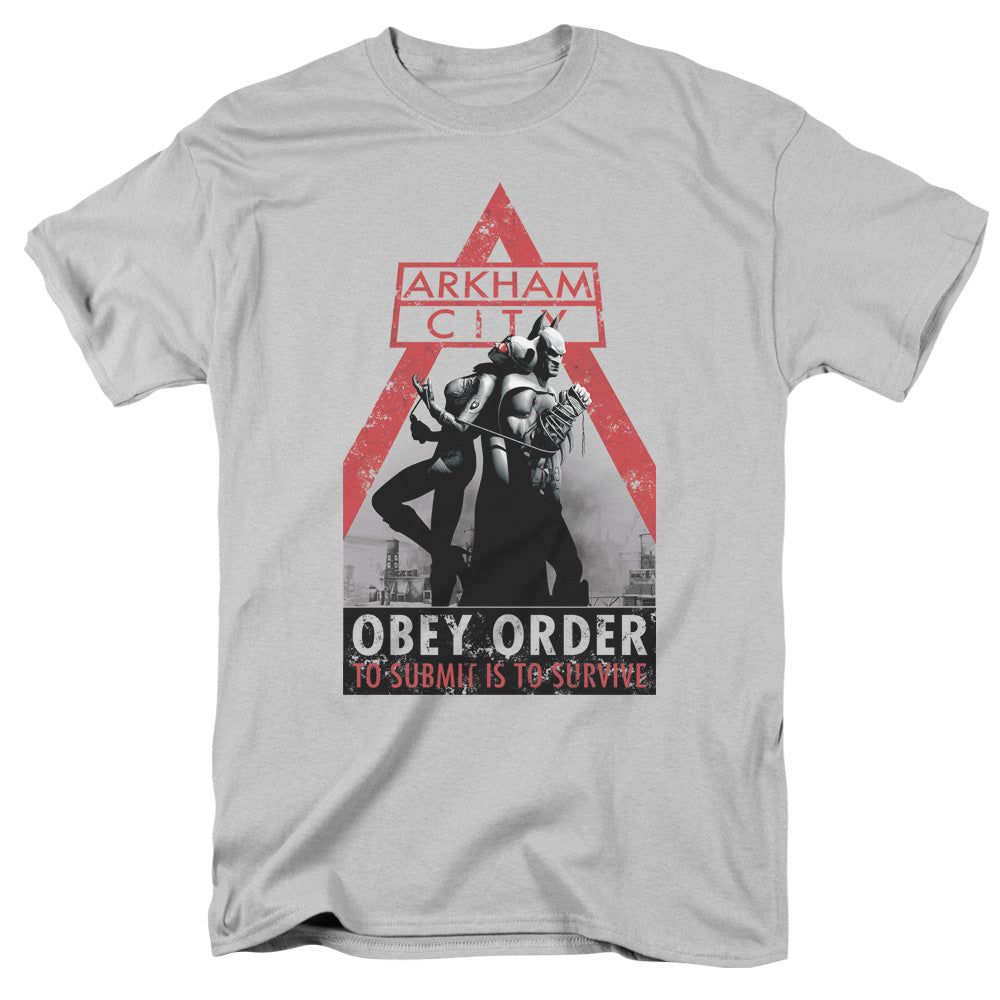 Batman Arkham City Obey Order Mens T Shirt Silver Retro Pop Classics