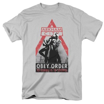 Batman Arkham City Obey Order Mens T Shirt Silver Retro Pop Classics