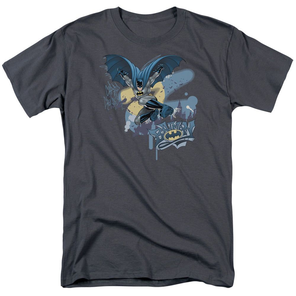 Batman Into The Night Mens T Shirt Charcoal Retro Pop Classics