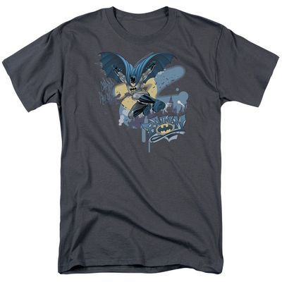 Batman Into The Night Mens T Shirt Charcoal Retro Pop Classics