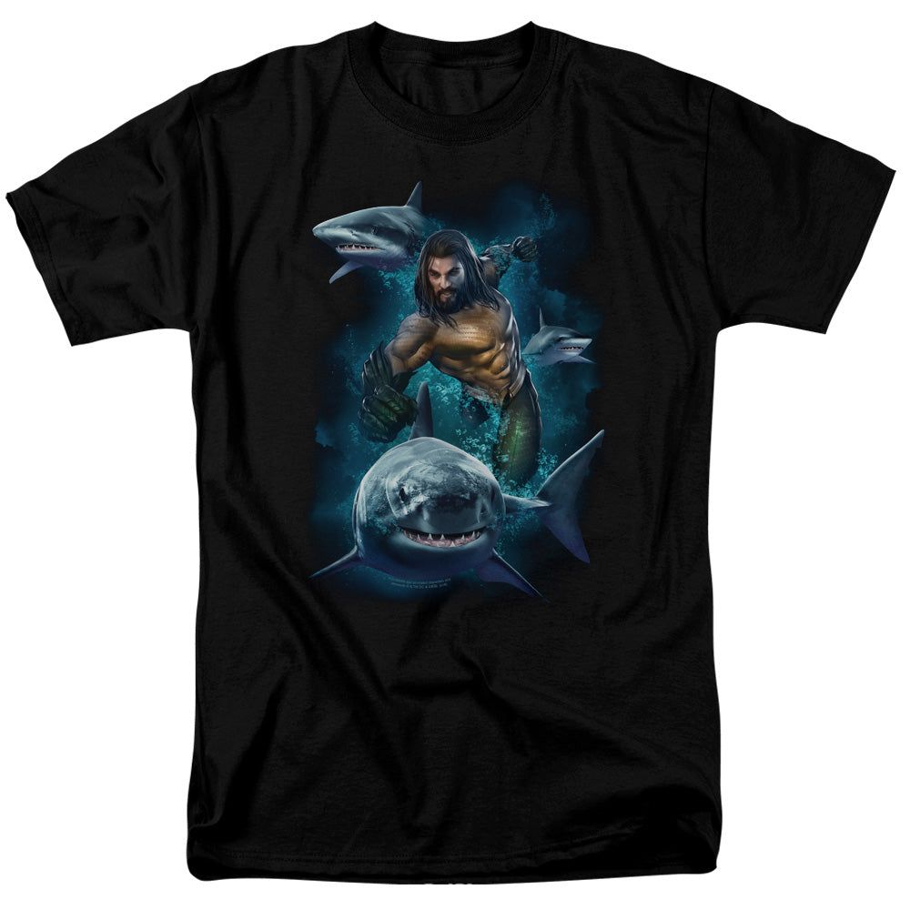 Aquaman Movie Swimming With Sharks Mens T Shirt Black Retro Pop Classics