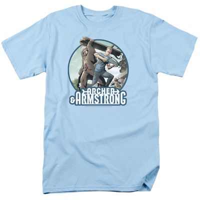 Archer &amp; Armstrong Trunk And Crossbow Mens T Shirt Light Blue Retro Pop Classics