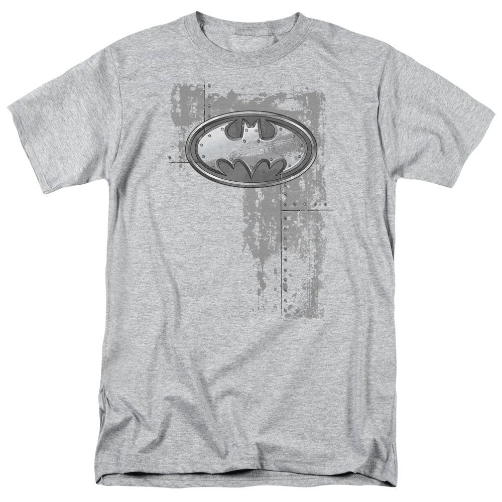 Batman Rivited Metal Logo Mens T Shirt Athletic Heather Retro Pop Classics