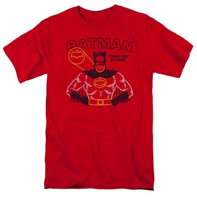 Batman Ready For Action Mens T Shirt Red Retro Pop Classics