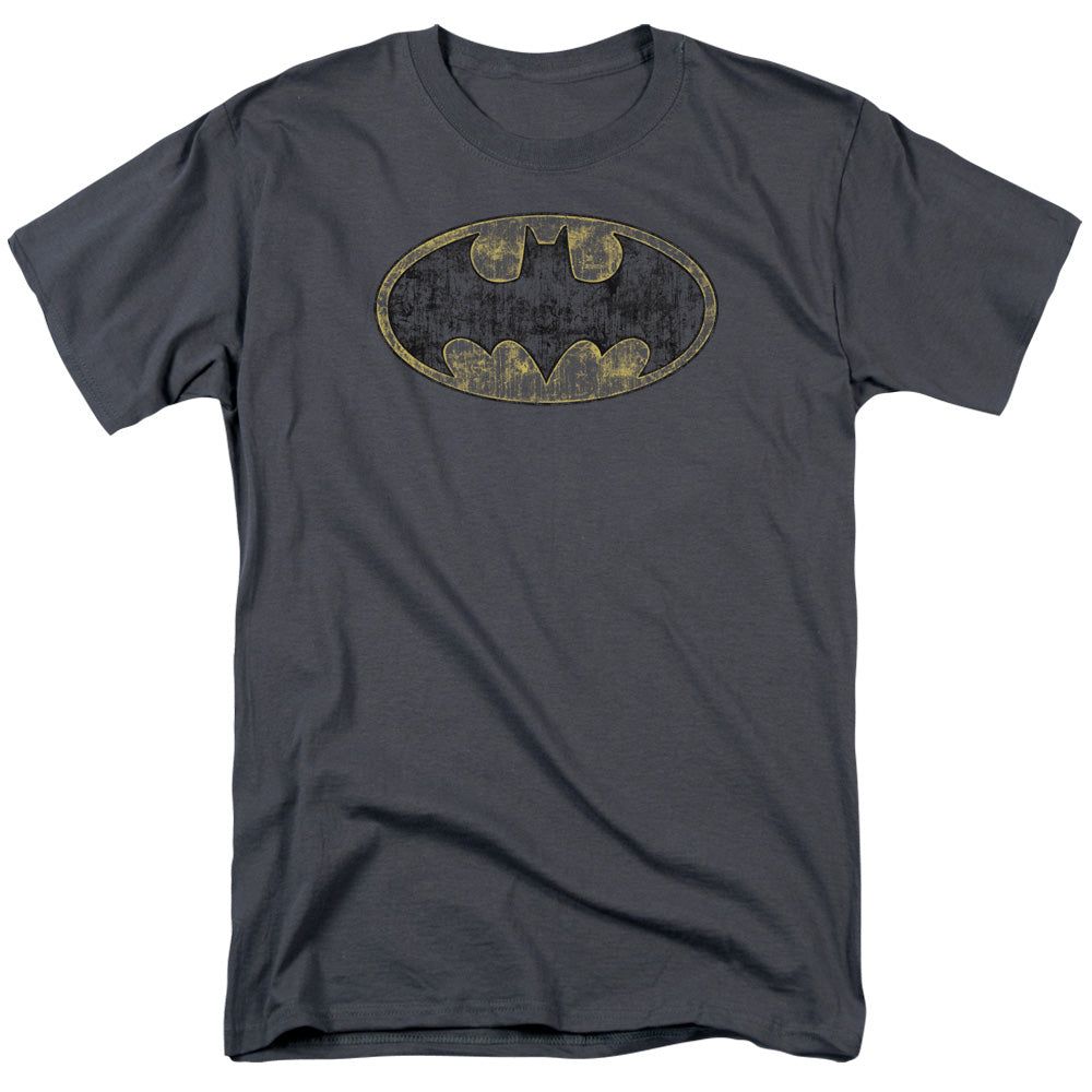 Batman Tattered Logo Mens T Shirt Charcoal Retro Pop Classics