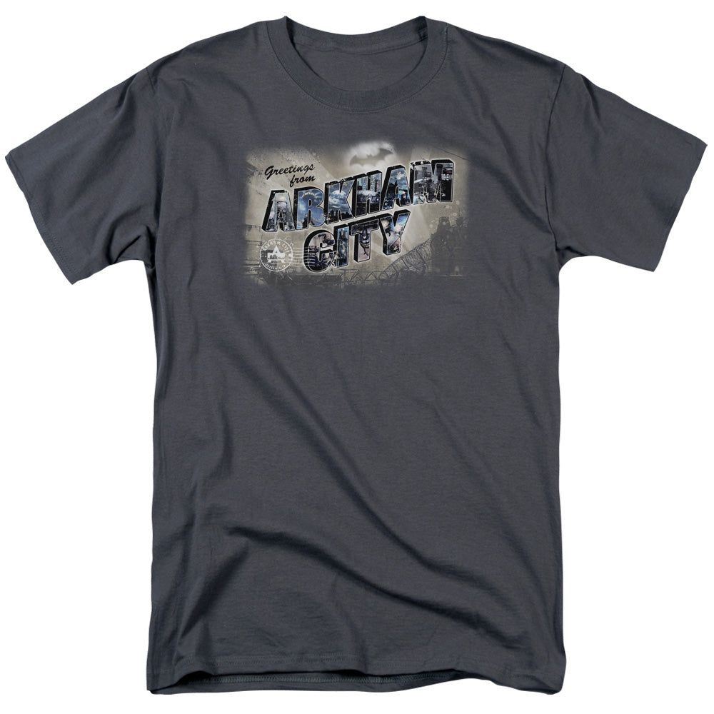 Batman Arkham City Greetings From Arkham Mens T Shirt Charcoal Retro Pop Classics