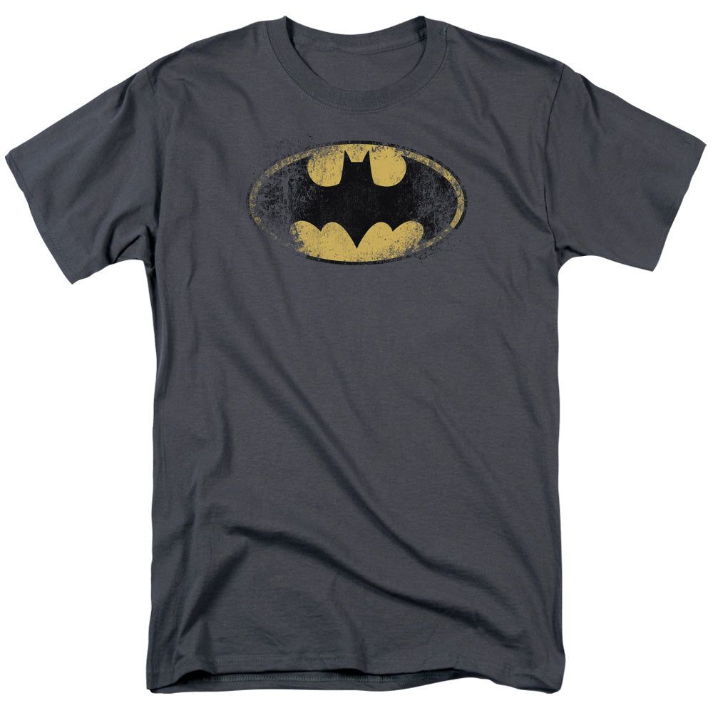 Batman Destroyed Logo Mens T Shirt Charcoal Retro Pop Classics