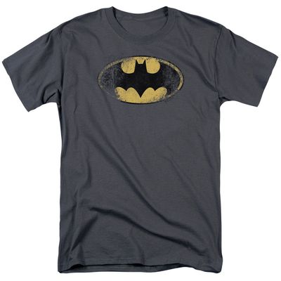 Batman Destroyed Logo Mens T Shirt Charcoal Retro Pop Classics
