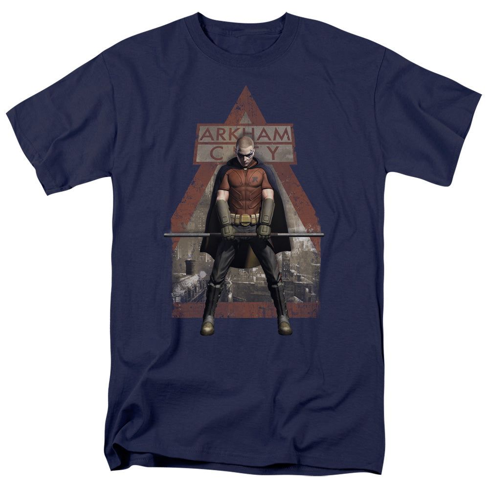 Batman Arkham City Arkham Robin Mens T Shirt Navy Blue Retro Pop Classics