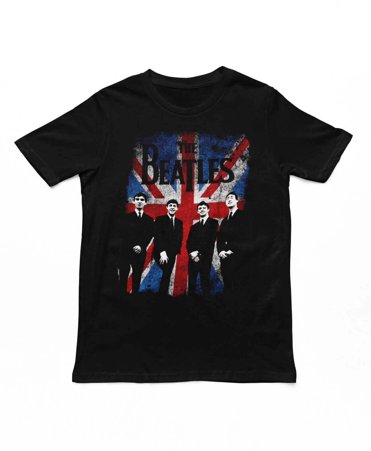 The Beatles Distressed Union Jack Photo Mens T Shirt Black Retro Pop Classics