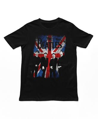 The Beatles Distressed Union Jack Photo Mens T Shirt Black Retro Pop Classics