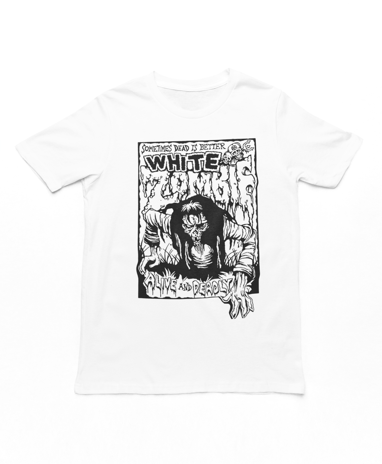 White Zombie Alive and Deadly Mens T Shirt White Retro Pop Classics