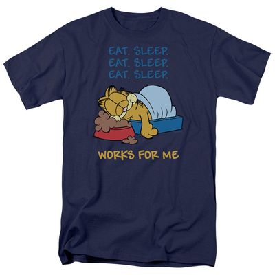 Garfield Works for Me Mens T Shirt Navy Blue Retro Pop Classics