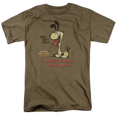 Garfield Dont Worry Be Stupid Mens T Shirt Safari Green Retro Pop Classics