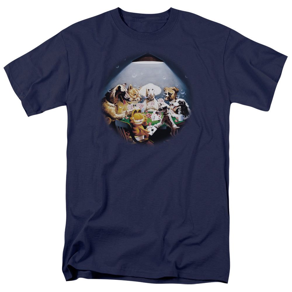 Garfield Playing With the Big Dogs Mens T Shirt Navy Blue Retro Pop Classics