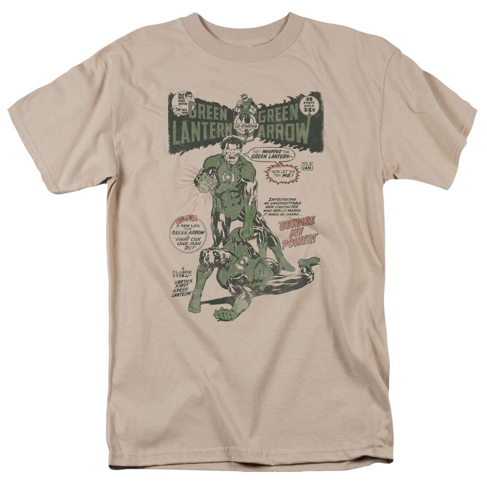 Green Lantern Beware My Power Mens T Shirt Sand Retro Pop Classics