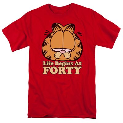 Garfield Life Begins At Forty Mens T Shirt Red Retro Pop Classics
