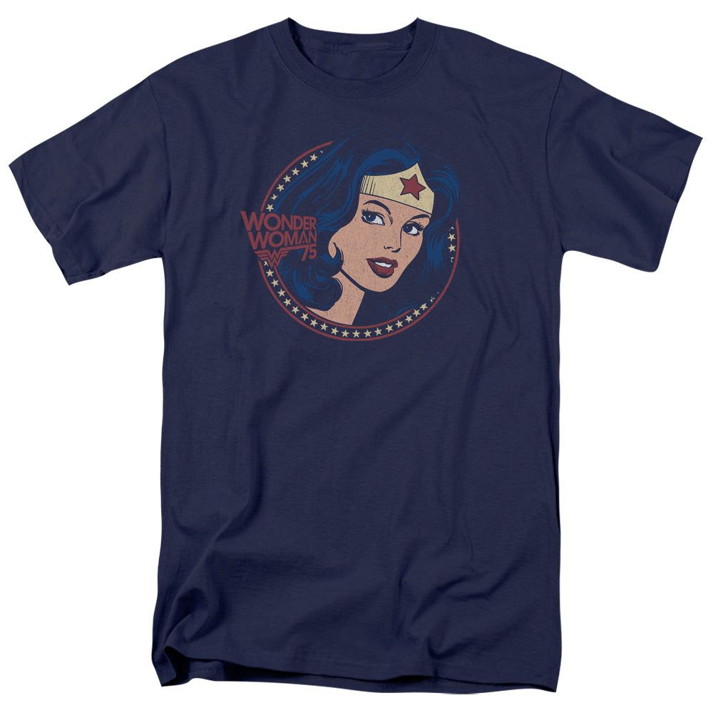 DC Comics Wonder Woman 75 Starburst Portrait Mens T Shirt Navy Blue Retro Pop Classics