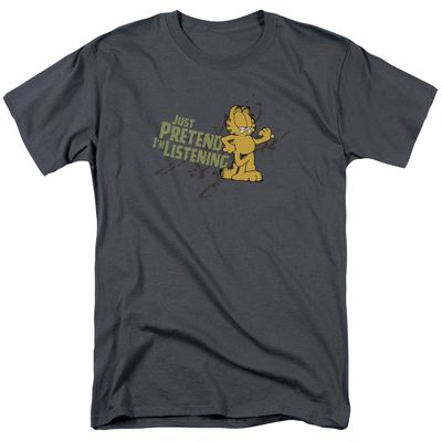 Garfield Just Pretend Im Listening Mens T Shirt Charcoal Retro Pop Classics