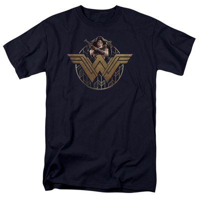 Wonder Woman Movie Power Stance And Emblem Mens T Shirt Navy Retro Pop Classics