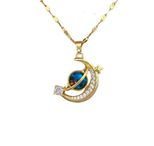 Collier Saturne Croissant de Lune Scintillant, Collection Planète étoilée