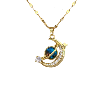 Collier Saturne Croissant de Lune Scintillant, Collection Planète étoilée