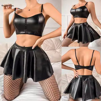 Ensemble de Lingerie en cuir synthétique -Bustier sexy, mini-jupe et bas