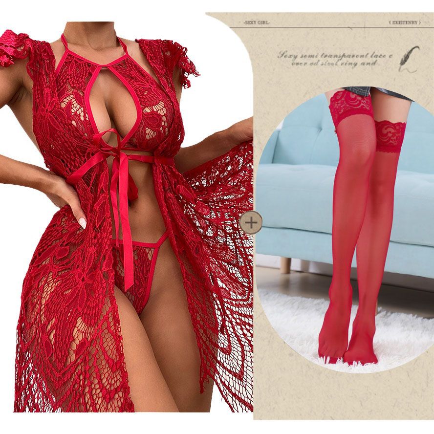 Ensemble de Nuisette 4 pièces en dentelles: Longue robe, soutien-gorge, string, bas, Lingerie sexy pour femme