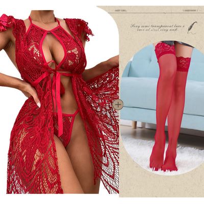 Ensemble de Nuisette 4 pièces en dentelles: Longue robe, soutien-gorge, string, bas, Lingerie sexy pour femme