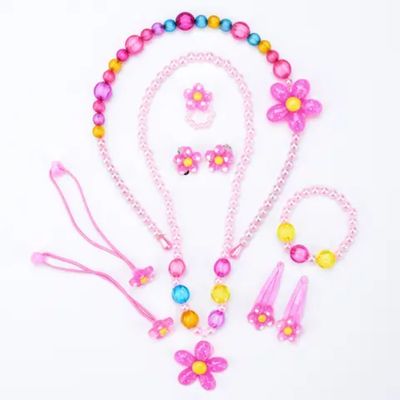 Parure de Bijoux pour Enfants en perle 7 pièces en plastique rose Motifs Papillon Fleur Ourson Lapin