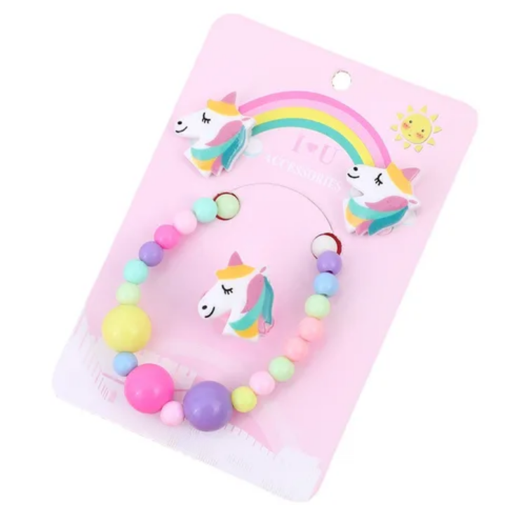 Parure de Bijoux Bonbons Bubblegum Tête de Licorne pour Enfants en grosses perles 3 pièces