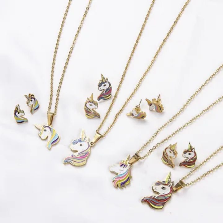 Parure de Bijoux en Acier inoxydable Chirurgical motifs mignons Cartoon Poney Licorne pour Enfants et Filles