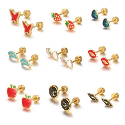 Boucles d&#39;oreilles en acier inoxydable hypoallergénique Clou à visser pour enfant fille femme motifs mignons tendance d&#39;été