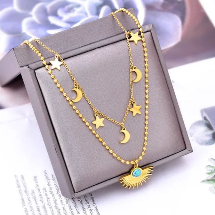 Double Collier Astres en acier inoxydable doré à l&#39;or fin 18 carats