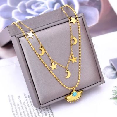 Double Collier Astres en acier inoxydable doré à l&#39;or fin 18 carats