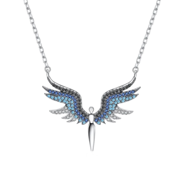 Collier Fashion Anges Ailés, Couleurs bleu argenté, or, Strass doré