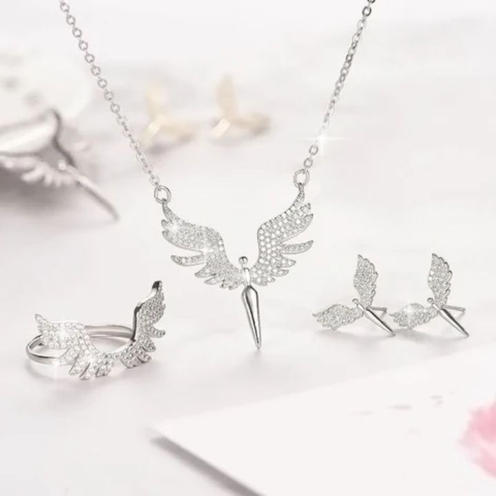 Parure de Bijoux Fashion 3 Pièces Anges Ailés, Boucles d&#39;oreille, Collier, Bague