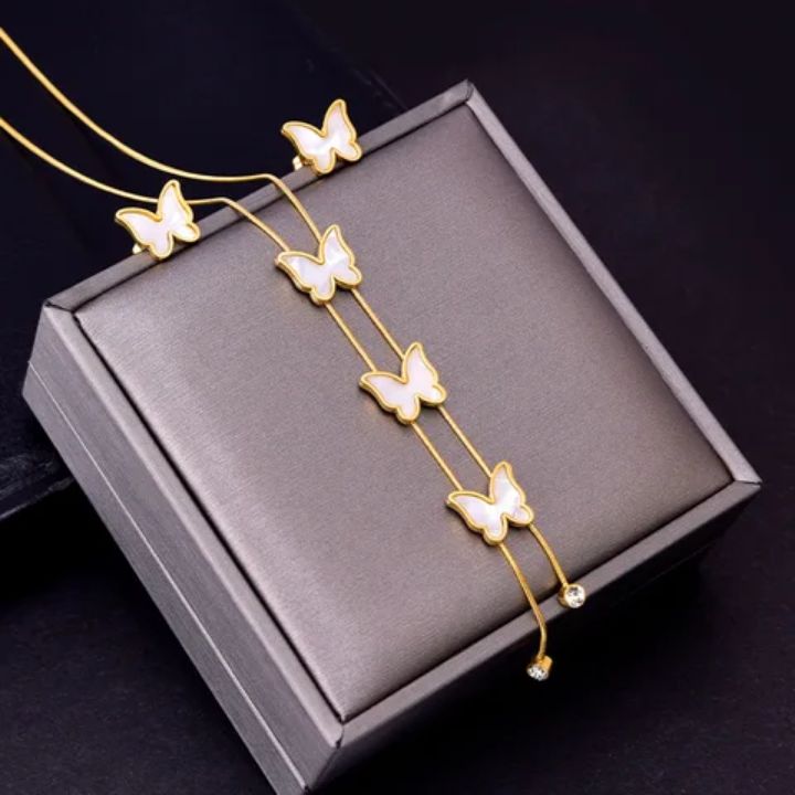 Parure de bijoux Papillon en acier inoxydable 2 pièces Boucles d&#39;oreilles et Collier
