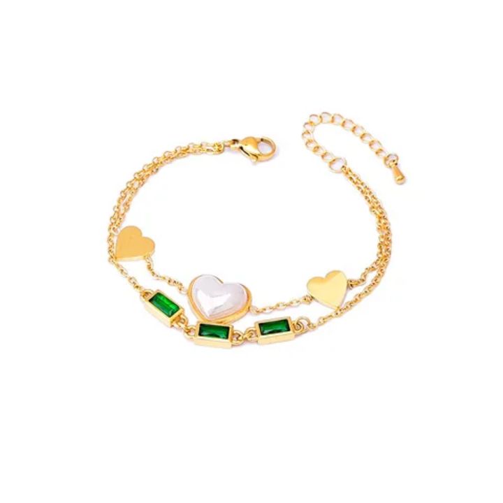 Bracelet Coeur Cristal vert émeraude en acier inoxydable doré à l&#39;or fin 18 carats