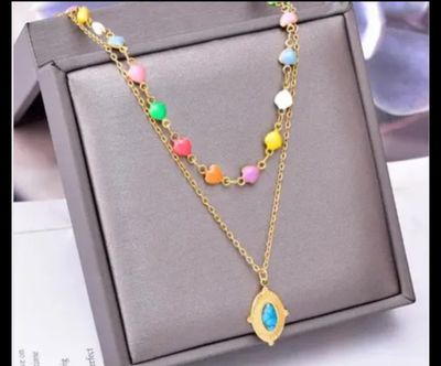 Double Collier en acier inoxydable doré à l&#39;or fin 18 carats multicolore Pierre ovale bleu turquoise