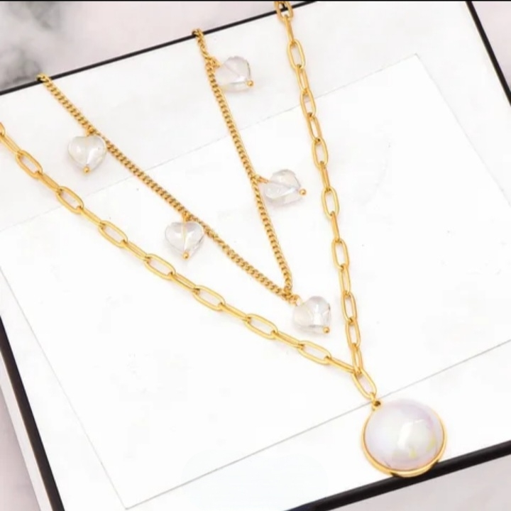 Double Collier Grande Perle en acier inoxydable doré à l&#39;or fin 18 carats