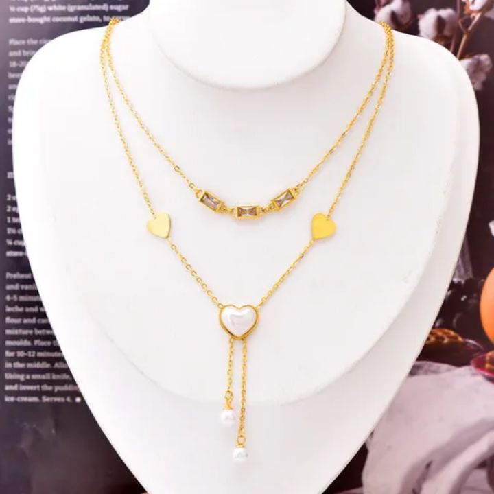 Double Collier Coeur Cristal blanc en acier inoxydable doré à l&#39;or fin 18 carats